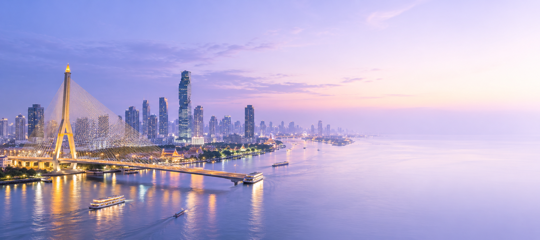 Bangkok skyline and Chao Phraya River at dusk