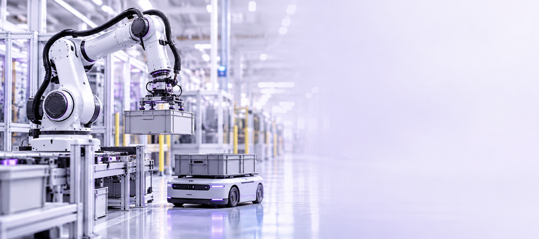 Industrial robotic arm and autonomous mobile robot in a factory